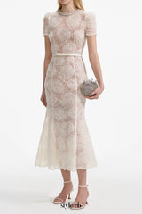 Tulle Lace Diamante Midi Dress in Beige