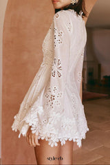 Flower embroidery hollow mini dress in white