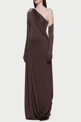 xaviera one-shoulder pleated backless maxi dress in brown