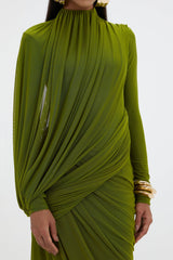 liz High Neck Asymmetric Drape ruched Maxi Dress in green