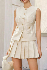 celeste Tweed Button-Front Vest Pleated Skirt Set in apricot