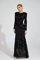 joanna Black long sleeve Embroidered Maxi Dress