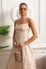 lauren Jacquard Midi Dress with Floral Motif - Blush Pink