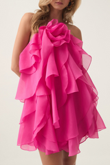 lorraine Halter Floral Ruffle Layered Mini Dress in Fuchsia