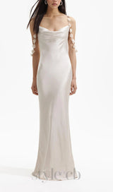 CHAMPAGNE SATIN FLOWER MAXI DRESS