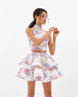 jessica printed backless halter top skirt set in pink