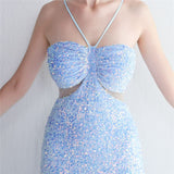 MARIAN BLUE CUTOUT SEQUINS HALTER MAXI DRESS