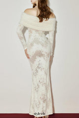 julia Off-Shoulder Fur Collar Long Sleeve lace maxi dress in white