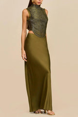 Sleeveless Turtleneck Tassel Paneled Top and Satin Skirt Set in green