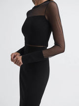 lyla knitted sheer sleeve midi dress in black