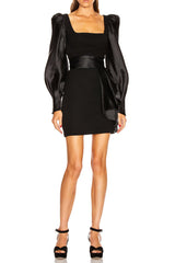 octavia black Square Neck satin mini Dress with Belt