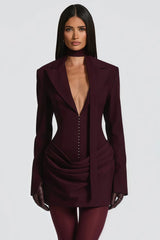 amelia v-neck ruched Blazer Mini Dress in Wine Red