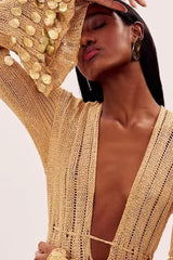 elma Golden Aura v-neck Knitted maxi Dress