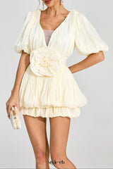 eartha Apricot 3d flower Organza Pleated Mini Dress