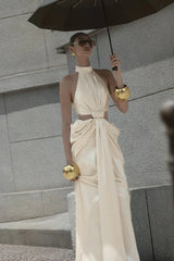 stephanie Cutout Waist halter Maxi Dress in beige