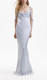 BLUE SATIN FLOWER MAXI DRESS