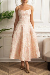 lauren Jacquard Midi Dress with Floral Motif - Blush Pink