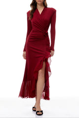 joyce Red Ruffled Gathered high slit Knit Midi Dress