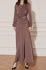 pleated cutout chiffon maxi dress in pale brown