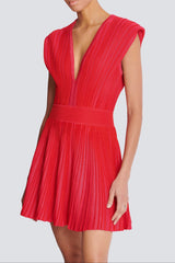 v-neck sleeveless flared knit mini dress in red