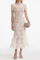 Tulle Lace Diamante Midi Dress in Beige
