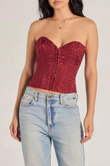 brocade satin strapless corset top in burgundy