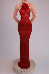 ursula 3d flower sequin halter maxi dress in red