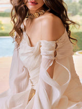 Apricot Ruffle Diagonal Long Sleeve Mini Dress