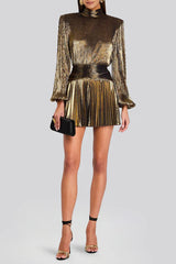 nancy High-necked lantern sleeve pleated mini dress in gold