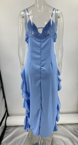 RUFFLE CUT OUT ASYMMETRIC MAXI DRESS - Blue