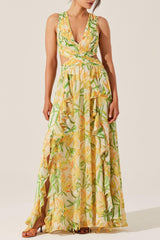 alyssa ruffle floral cutout maxi dress in yellow