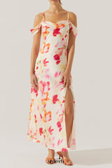 satin slit cold shoulder maxi dress in pink watercolor