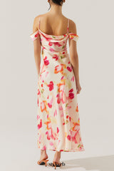 satin slit cold shoulder maxi dress in pink watercolor