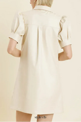 White lapel collar leather puff sleeves mini dress