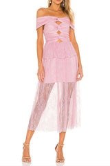 lace cutout strapless midi dress in lilac