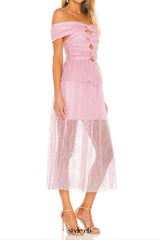 lace cutout strapless midi dress in lilac