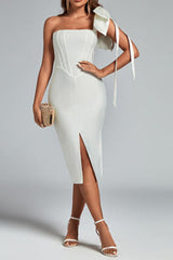 bow one-shoulder slit midi dress in white