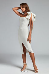 bow one-shoulder slit midi dress in white