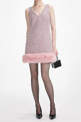 rosemary Pink Boucle Fur Hem Mini Dress