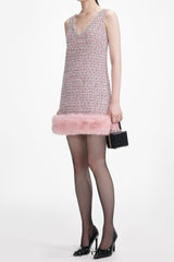 rosemary Pink Boucle Fur Hem Mini Dress