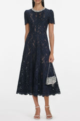 tess Navy Lace Embellished Midi Dress