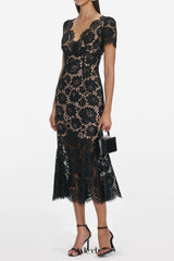ashley Floral Lace hollow Midi Dress in black