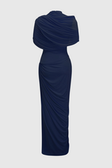 Aakifa Asymmetric Draped Maxi Dress in Navy blue