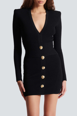 Aero Buttoned Ribbed Knit Mini Dress - Black