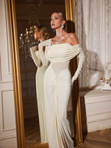 zenobia Off shoulder Ruched Maxi Dress In Beige