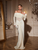 zenobia Off shoulder Ruched Maxi Dress In Beige