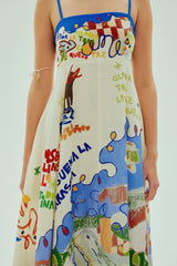 lila multicolor Graffiti-print linen maxi dress