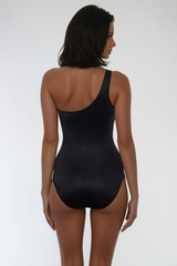 mamie Single Shoulder Mesh Ruch Swimsuit In Black