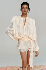 hermosa Balloon Sleeve Ruch Ruffle Mini Dress In Apricot