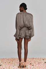 hermosa Balloon Sleeve Ruch Ruffle Mini Dress In Brown